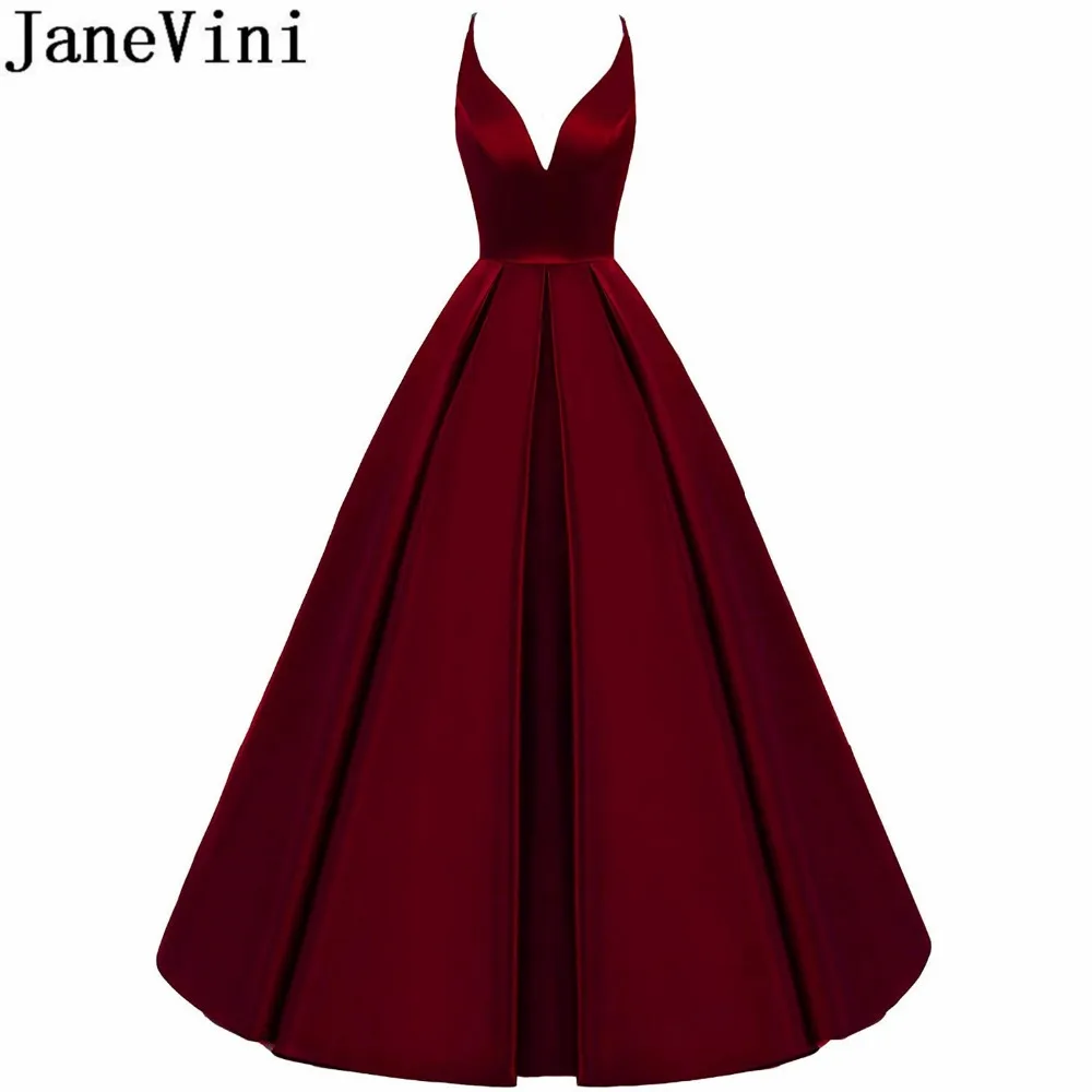 

JaneVini Cross Back Burgundy Bridesmaid Dresses Long A Line V-Neck Satin Prom Formal Wedding Party Dresses 2019 Floor Length