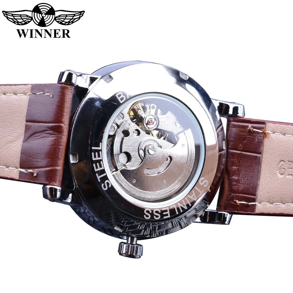 Winner-reloj mecánico automático para hombre, cronógrafo con correa de cuero marrón, con indicador de fecha, color blanco y dorado, marca de lujo, a