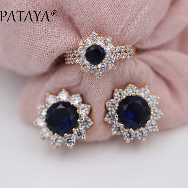 PATAYA New Original Design Blue Sunflower Round Natural Zircon  Earrings Rings Sets 585 Rose Gold Color Women Wedding Jewelry