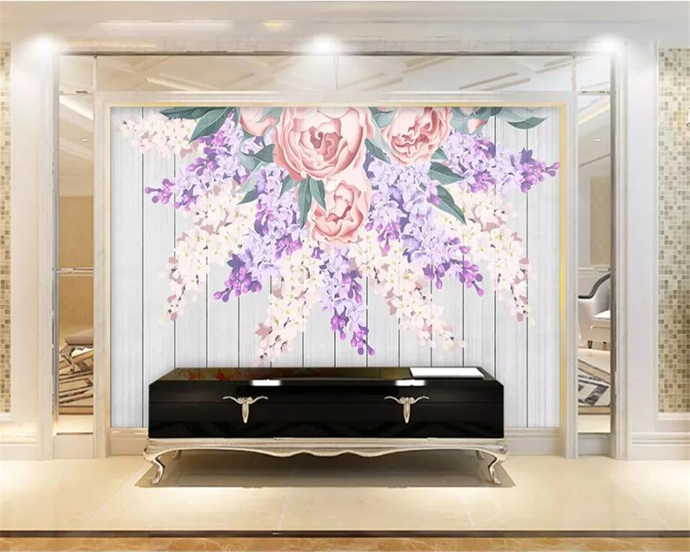 

wellyu Custom wallpaper papel de parede Modern nordic hand painted flowers wooden planks background wall painting behang