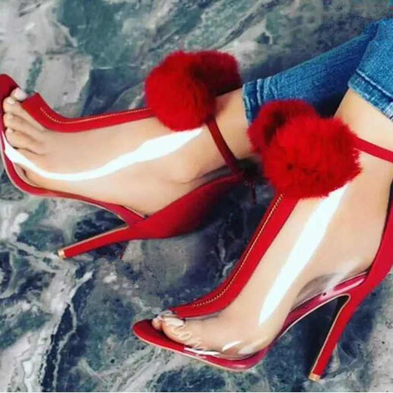 

New Women Adorable Fur Bobbles PVC Patched Ankle Boots Peep Toe fur Ball High Heels Boots Sexy Ladies Street Short Bottine