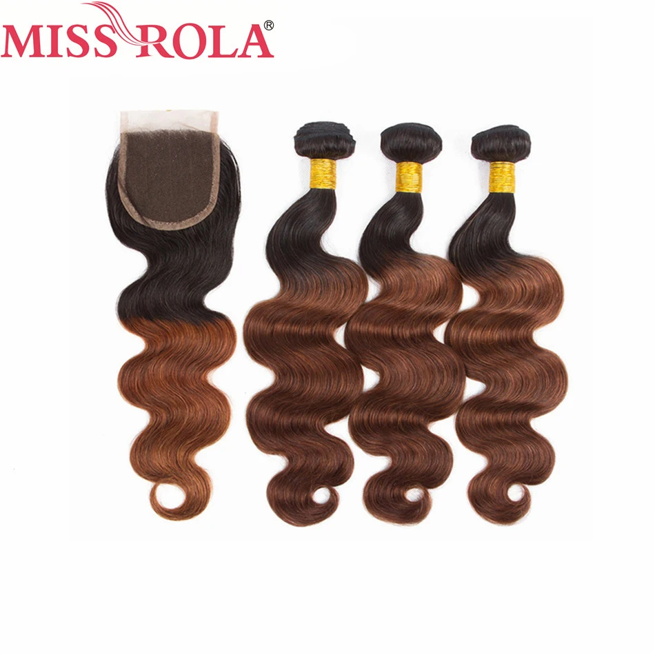 Senhorita Rola-Cabelo Onda Do Corpo Peruano, Tecelagem 3 Pacotes com Fecho, 100% Cabelo Humano, Extensões De Cabelo Remy, T1B/33, Cor Ombre