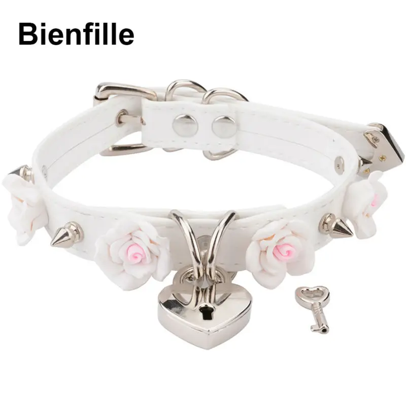 Punk Gothic PU Leather Buckle  Necklace Spiked Choker Handmade Kawaii Rose Flower Necklace Heart Lock With Key 8 Colors