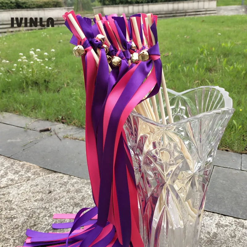 50pcs/lot fushia and purple wedding wands with gold bell for wedding decoration