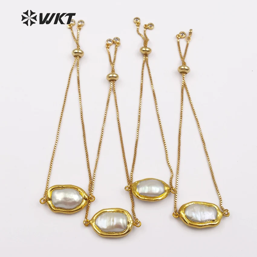 WT-B413 New Arrival Gold Dipped Perfectly Round Shape Natural Freshwater Pearl Bracelet Women Dating Fine Accessory