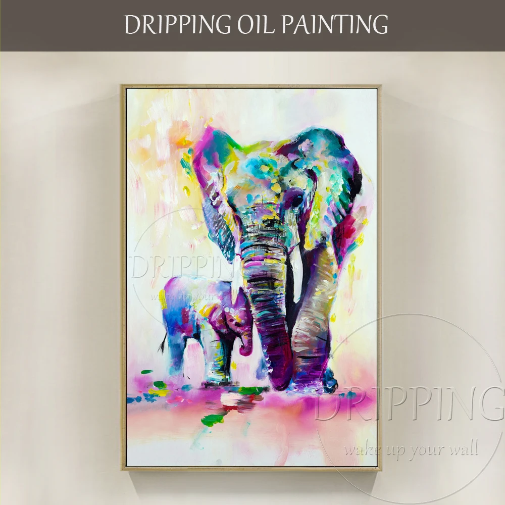 Free Shipping Hand-painted Rich Colors Abstract Elephants Oil Painting on Canvas Colorful Mother and Baby Elephants Oil Painting