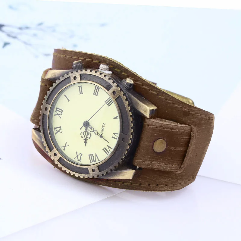 Men Watches Punk Vintage Cow Leather Wristwatch Roman Numbers Dial Casual Watch Gift LL@17