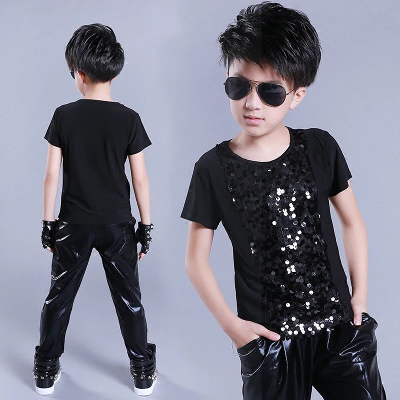 Children\'s Jazz Dance Costume Boy Short Sleeve Sequin Top Shirt  Hip Hop Clothes Kids Modern Performance Dancing Outfit DNV11051