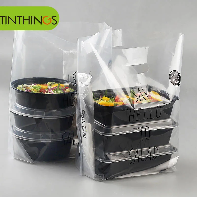 500 Pcs plastic bags with handle Thicken clear plastic packing bag for fast food shop restaurant Lunch box high quality supplier