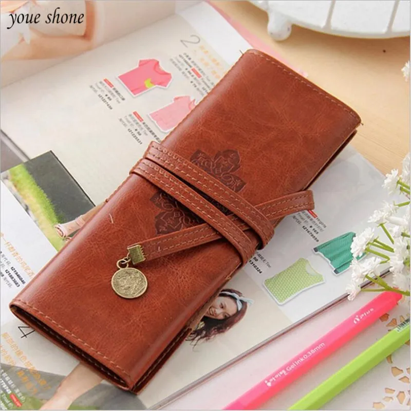 

1PCS Pencil Case Korean Creative Stationery Retro Solid Color PU Pencils Roll Pencilery Pencil Cases Office School Supplies