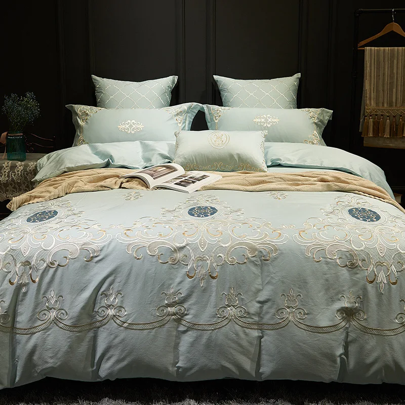 New Pure Color Bedding 60 Tribute Satin Long Velvet Cotton 7-piece Set  Cotton Embroidery Quilt Cover  King Bedding Set Luxury