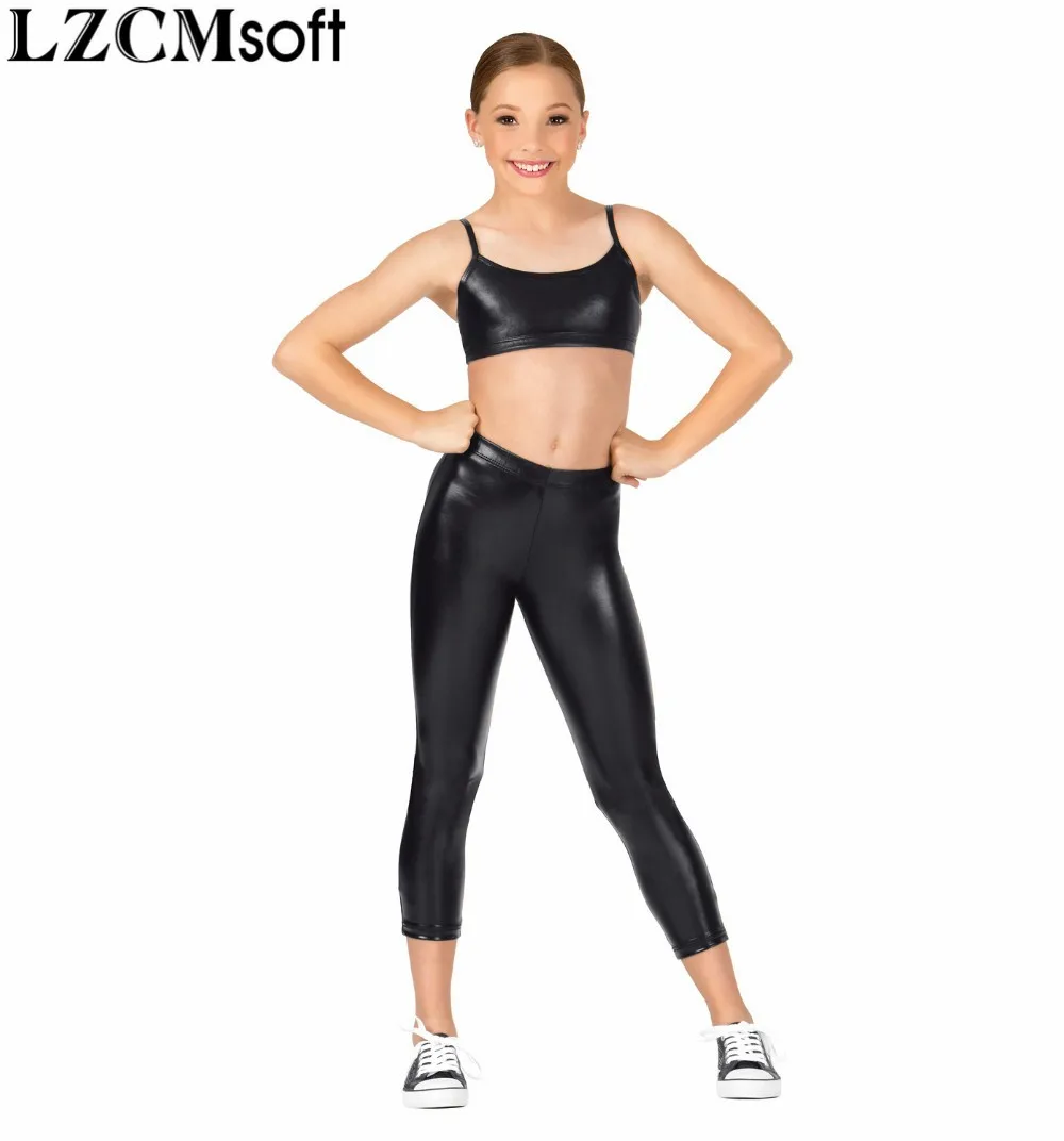 LZCMsoft Child Ankle Length Metallic Dance Pants Girls Low Waisted Leggings Spandex Silver Pants Dancewear for Stage Performance