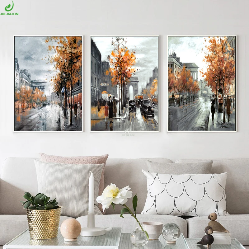 JHLJIAJUN Canvas Painting Nordic Red Maple Leaf Streetscape Retro Wall Art Print And Poster Modern Study Living Room Home Decor