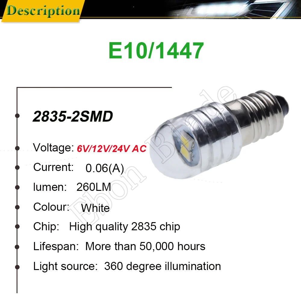 Pair E10 LED Bulb Screw Base Small Mini 1447 2835 2SMD White Light For Flashlight Torches Motorcycle Bike Lamp 6V DC 12V 24V AC