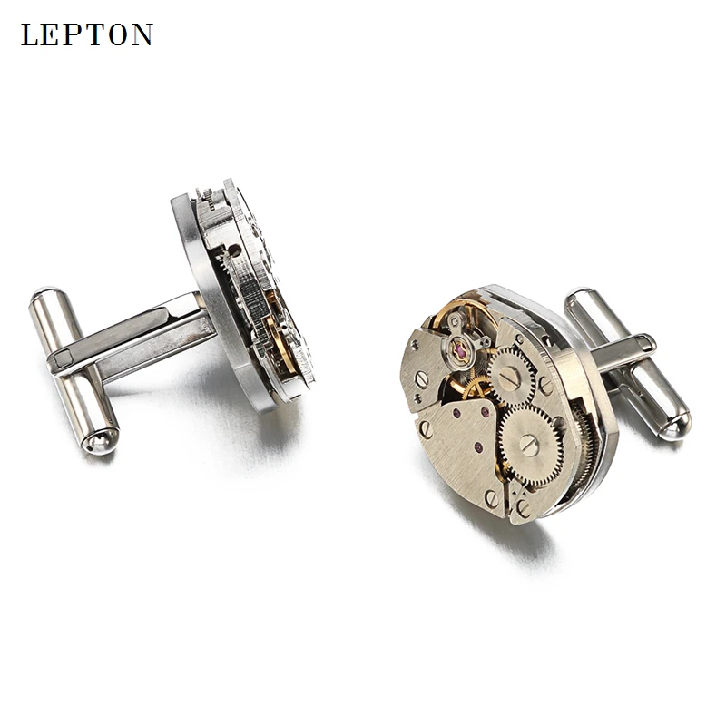 Lepton Watch Movement Cufflinks of immovable Hot Sale Stainless Steel Steampunk Gear Watch Mechanism Cuff links for Mens gemelos