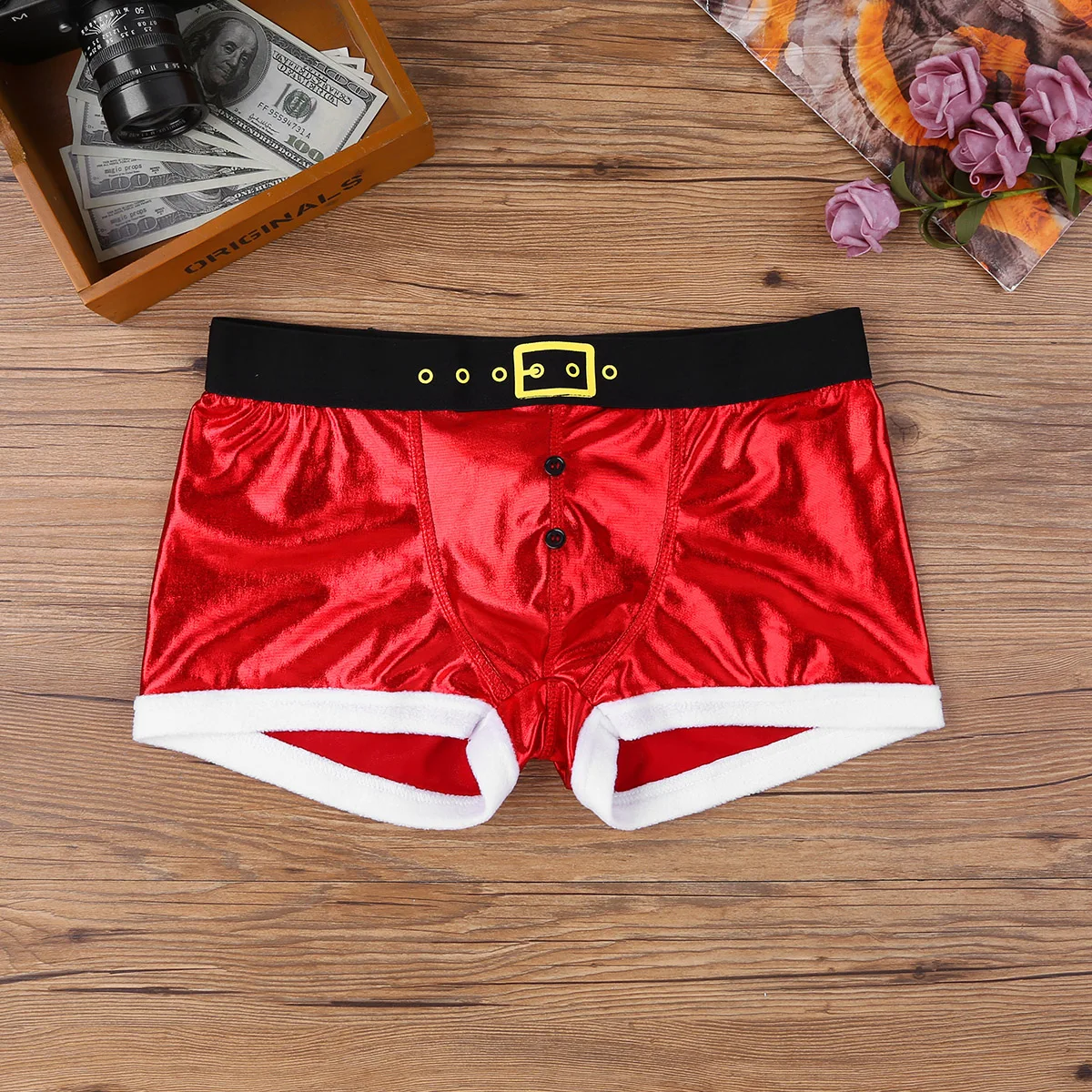 Sexy Men Red Faux Leather Christmas Underwear Santa Claus Panties Costume Festival Fancy Party Rave Underpants Male Boxer Shorts