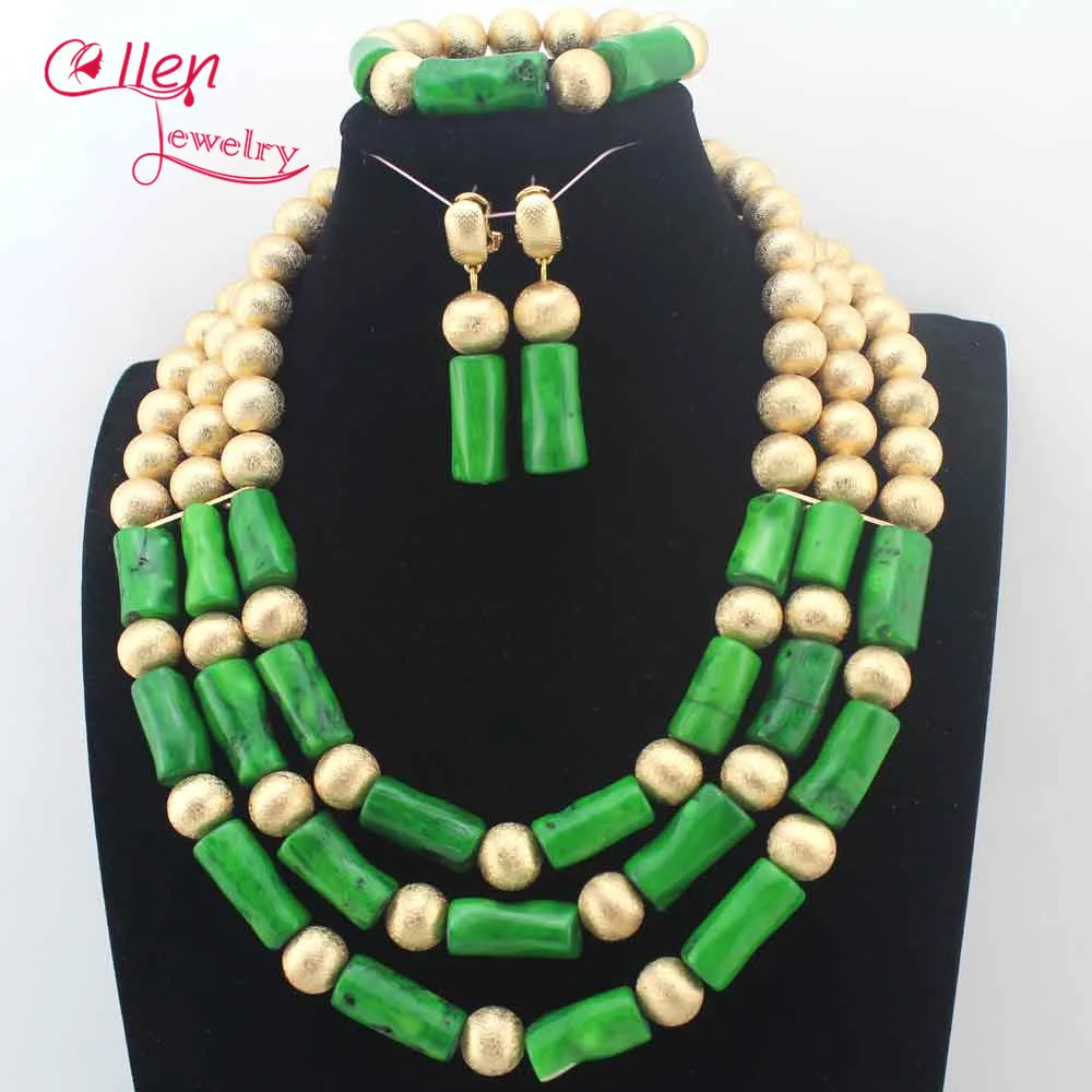 

Natural Green Coral Beads Necklaces Set Nigerian Wedding african Coral beads jewelry sets Dubai Bridal Statement Necklace N0085