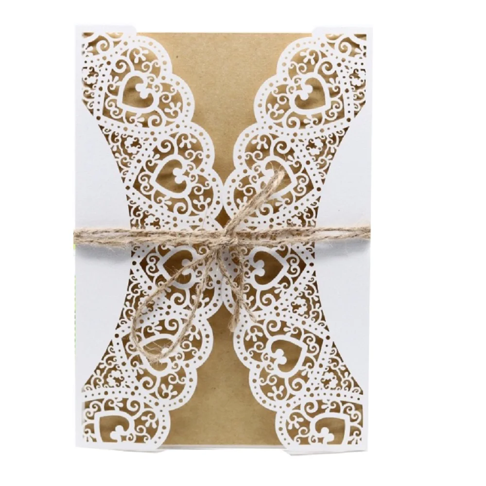 50pcs White Wedding Invitations Card Laser Cut Hollow Heart Valentine's Day Greeting Card Engagement Invites with Kraft inner