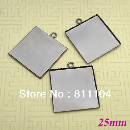 

25mm Gunmetal Plated Copper Square Blank Trays Bases Bezels Cups Pendant with Loop Charm Settings DIY Cabochons CABs Wholesale