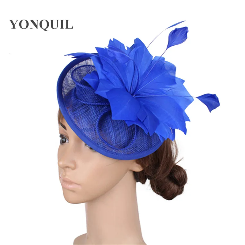 

Vintage Sinamay Party Derby Fascinator Wedding Hat Royal Blue Feather Flower Headpieces Elegant Fancy Event Hair Clips For Women