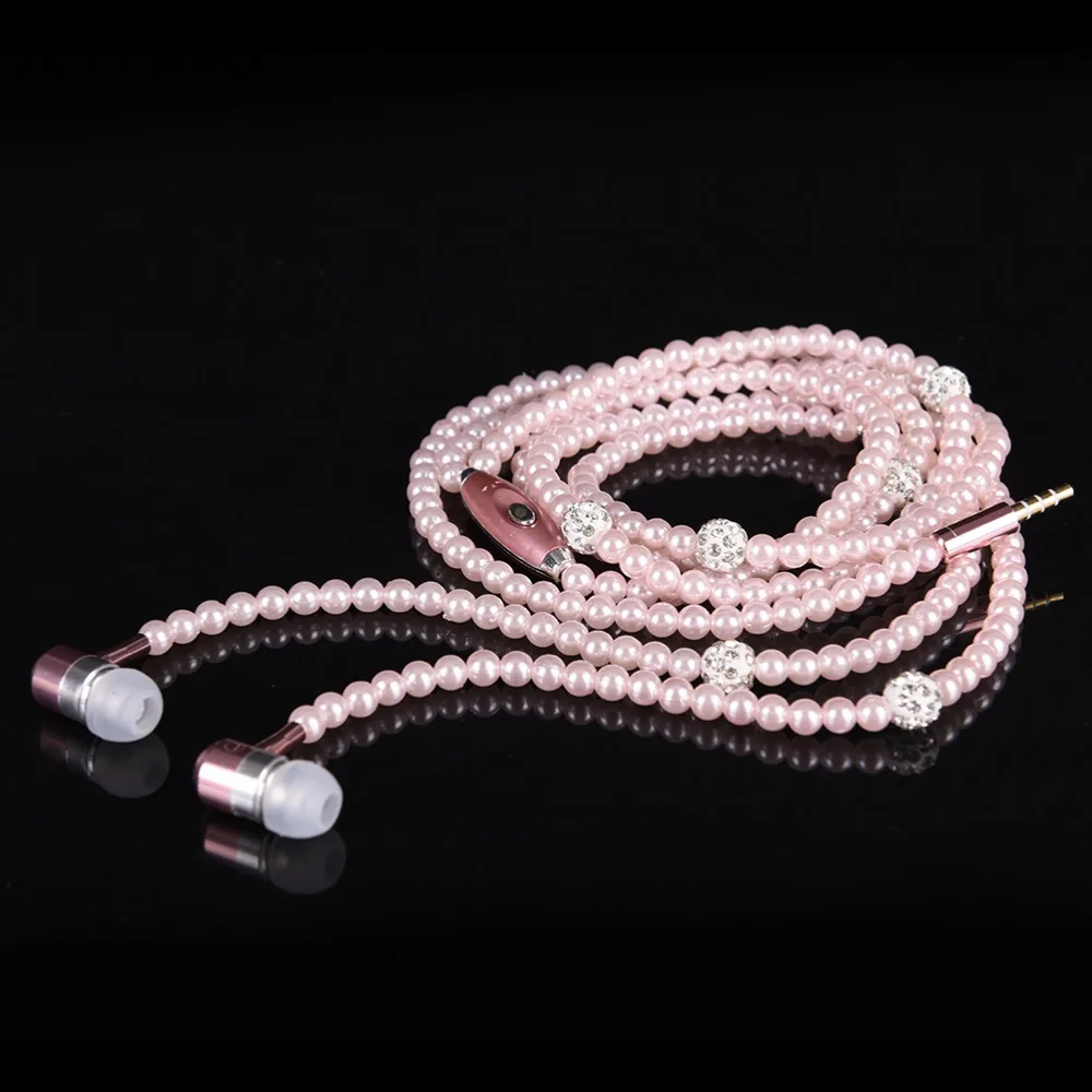 Nuovi auricolari con collana di perle di gioielli con strass rosa con auricolari per microfono per iPhone Xiaomi Brithday Gift