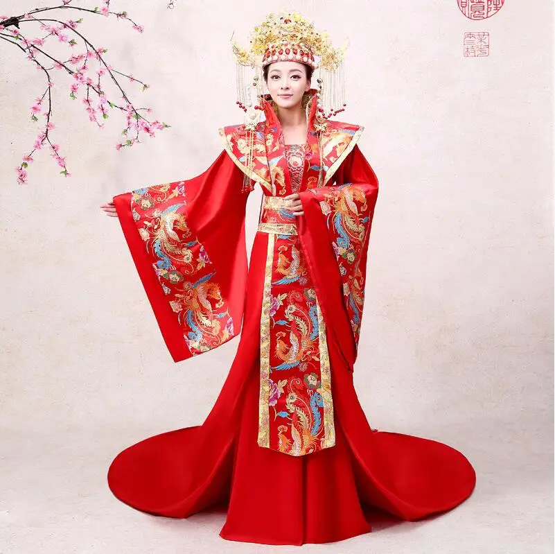 China Hanfu Wedding Gown Robe Ancient Bride Marriage Dress Red Golden Couple Marriage Clothing Emperor Queen Performance Costume