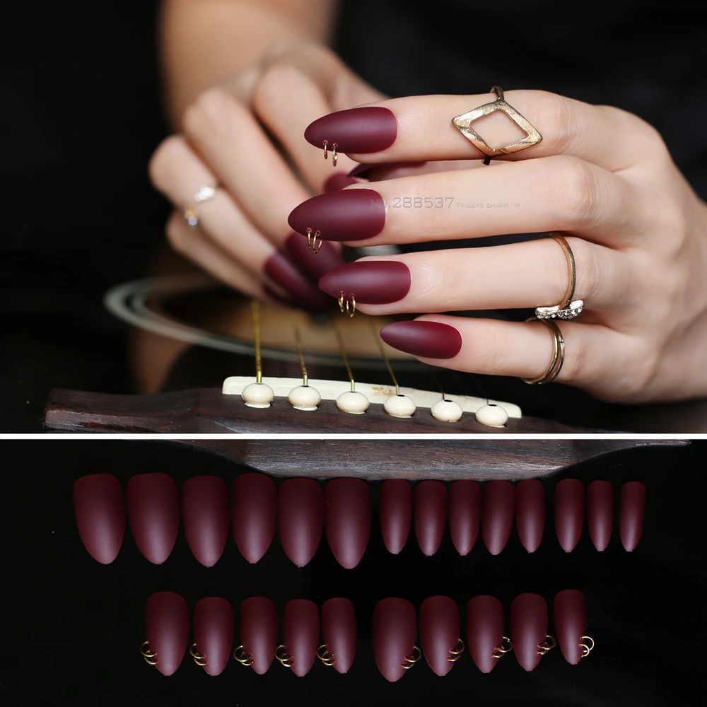 Matte False nails Stiletto 24pcs Full Nail Tips vampire Punk RED DIY Fake Nails mountain peak personality Designs silvery metal