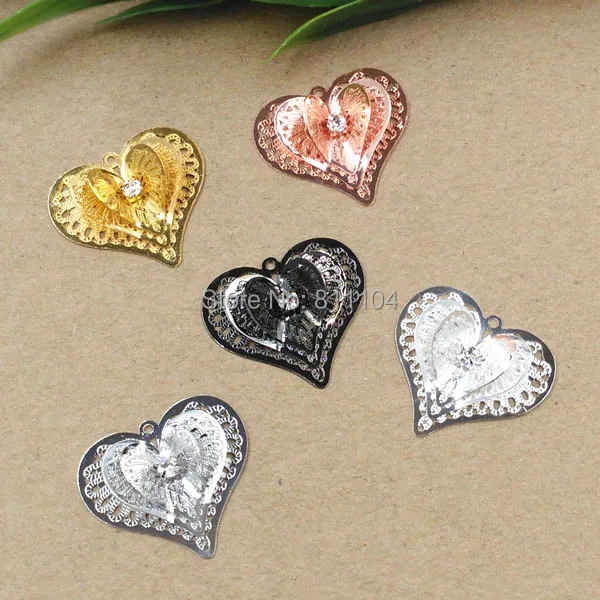 25x24mm Multi-color Plated Brass Metal Blank 3D Filigree Heart Flower Charms Links Wraps Connectors DIY Jewelry Findings