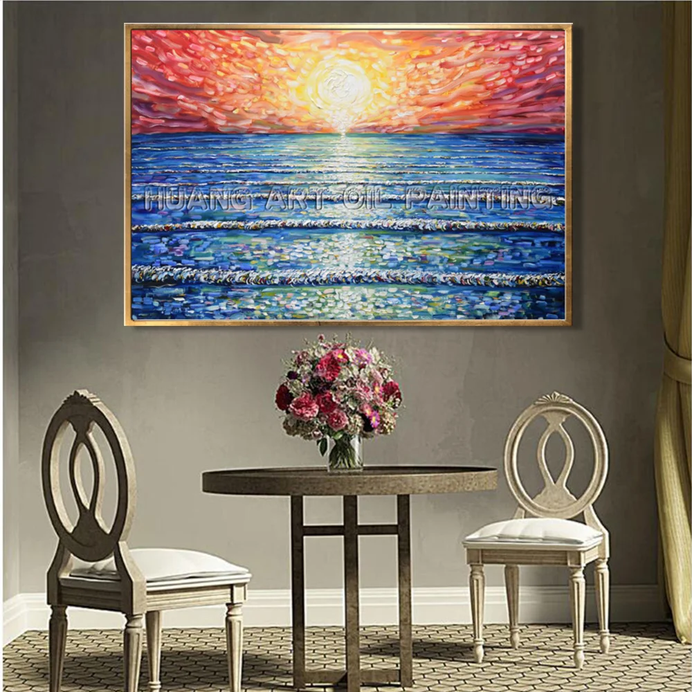 Good Skill Painter Handmade Knife Sea Landscape Oil Painting on Canvas for Room Decor Modern Sunrise Seascape Wall Painting