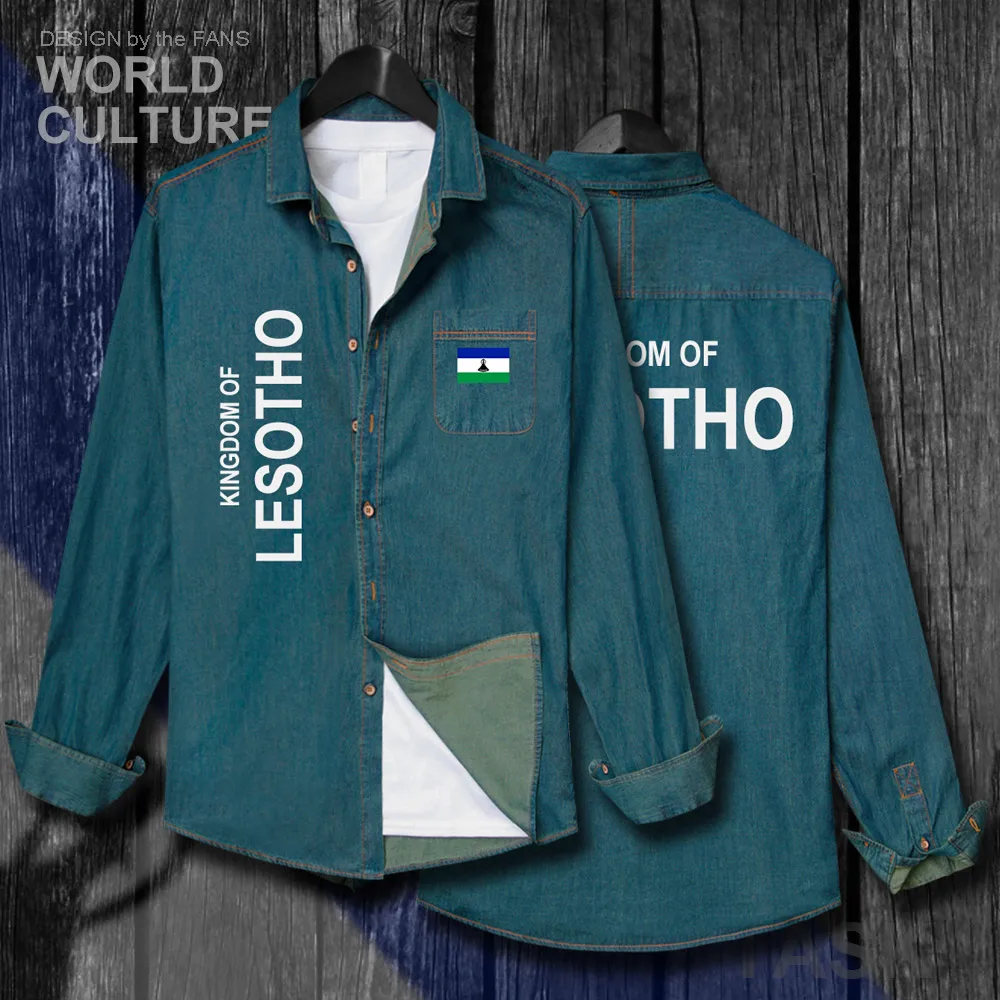 

Lesotho LSO Sotho Basotho LS Men Flags Clothes Autumn Cotton Long Sleeve Cowboy Casual Coat Fashion Turn-down Collar Jeans Shirt