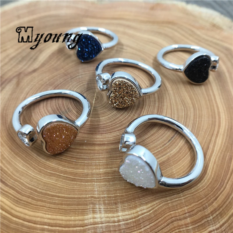 Adjustable Heart-shaped Quartz Druzy Titanium Rings,Agates Drusy Rings For Wowen  MY1786