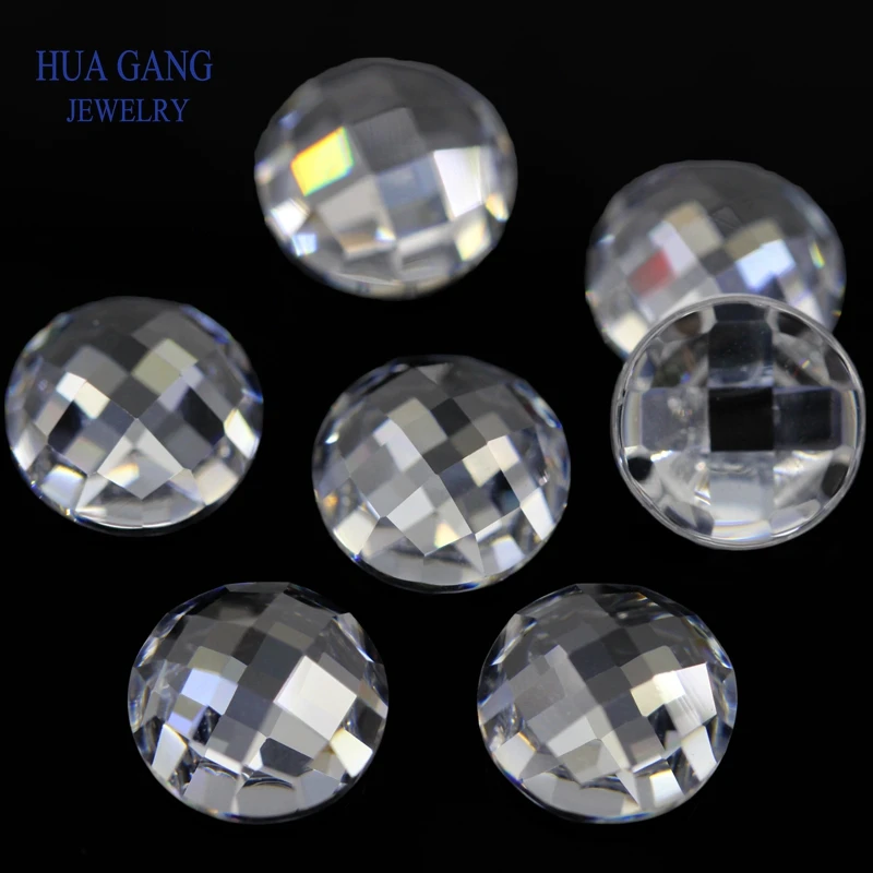 White Cubic Zirconia Stone Round Shape Flat Bottom Checkerboard Cut Loose CZ Stone Synthetic Gems For Jewelry 3~10mm