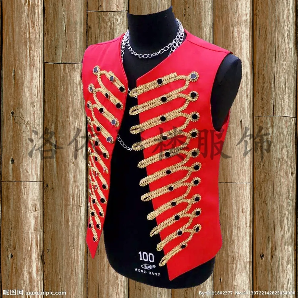 Free ship mens red with golden embroidery applique vest stand collar stage performance dance/club/studio vest