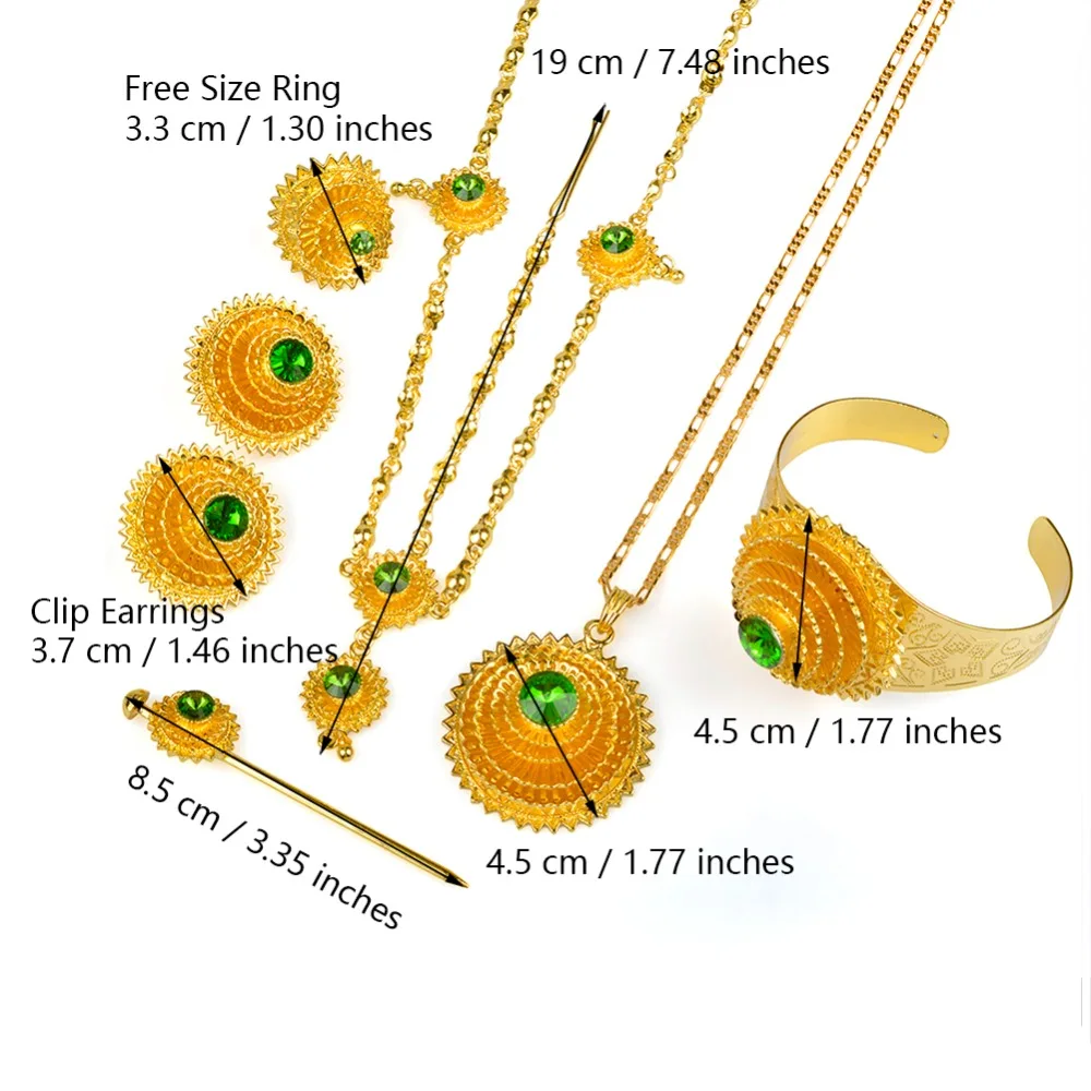 Anniyo Ethiopian Jewelry set Gold Color Green Stone With Hair Piece Hair Pin Women Fashion Eritrea Habesha African #002117