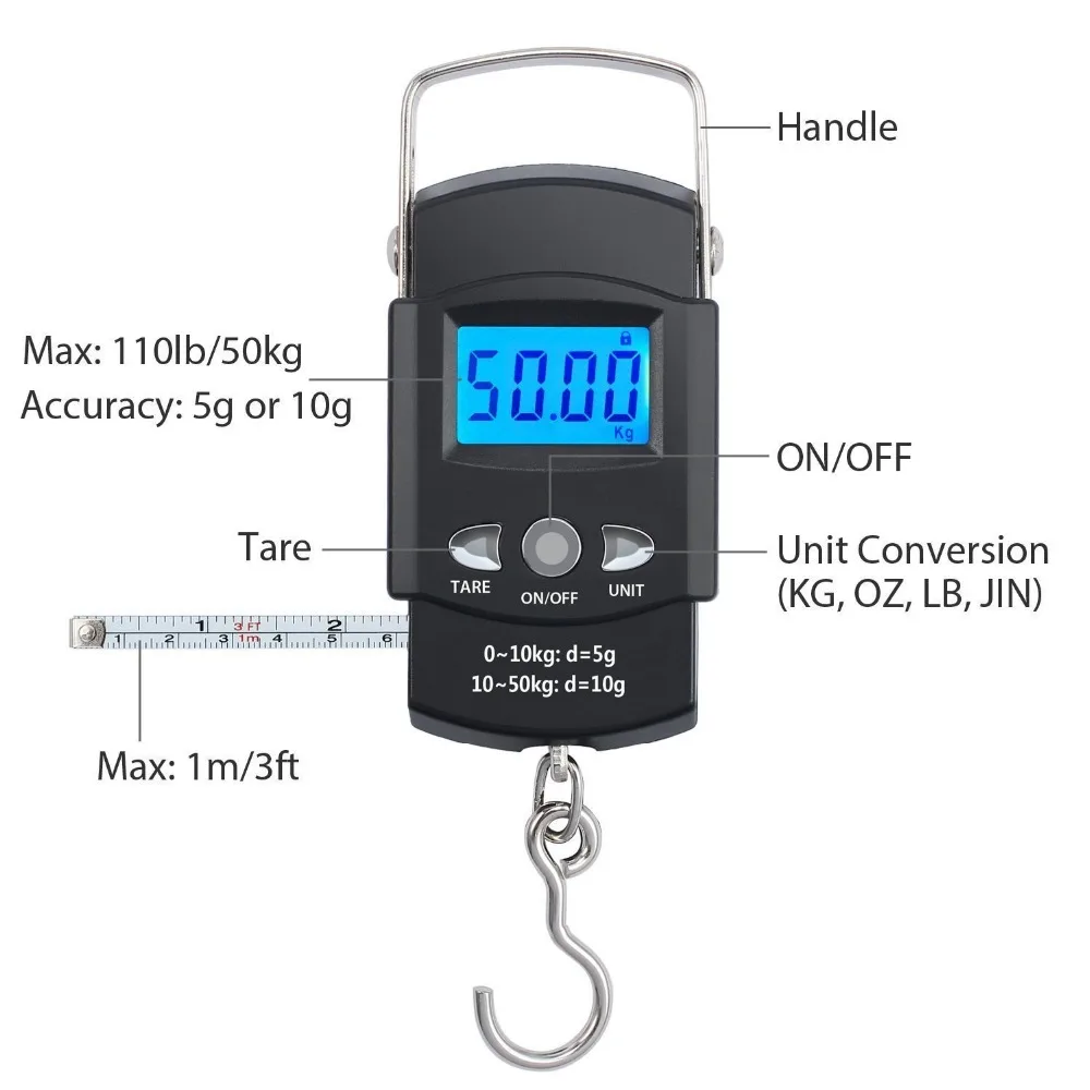 50kg Portable LCD Electronic Hand Scale, Travel Hanging Fish Scale with 1m ruler