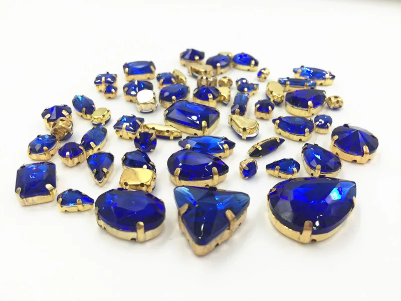 New Gold base mixed size mix shape Royal blue glass crystal flatback sew on rhinestones with claw DIY clothing Accessories