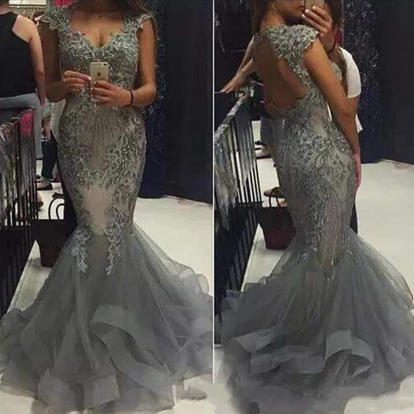 Elegant Grey 2021 Mermaid Prom Dresses V-Neck Short Sleeve Beaded Appliques Backless Special Occasion Dresses Sexy Evening Dress