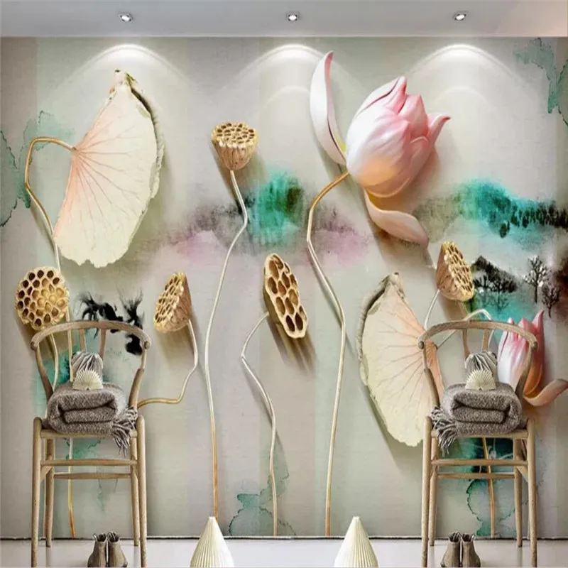 

Custom wallpaper new Chinese style simple ink lotus lotus background wall high-grade waterproof material