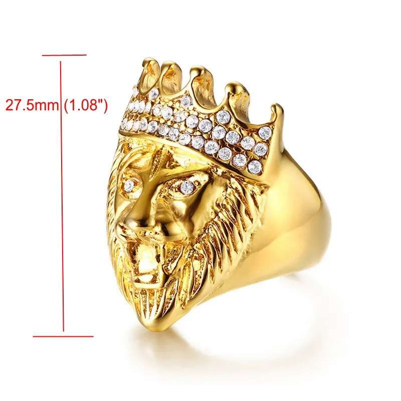 New Gold Color King Lion 's Head and Crown Ring Stainless Steel Men Hip Hop Punk Animal Shape CZ Crystal Ring Male Jewelry Gifts