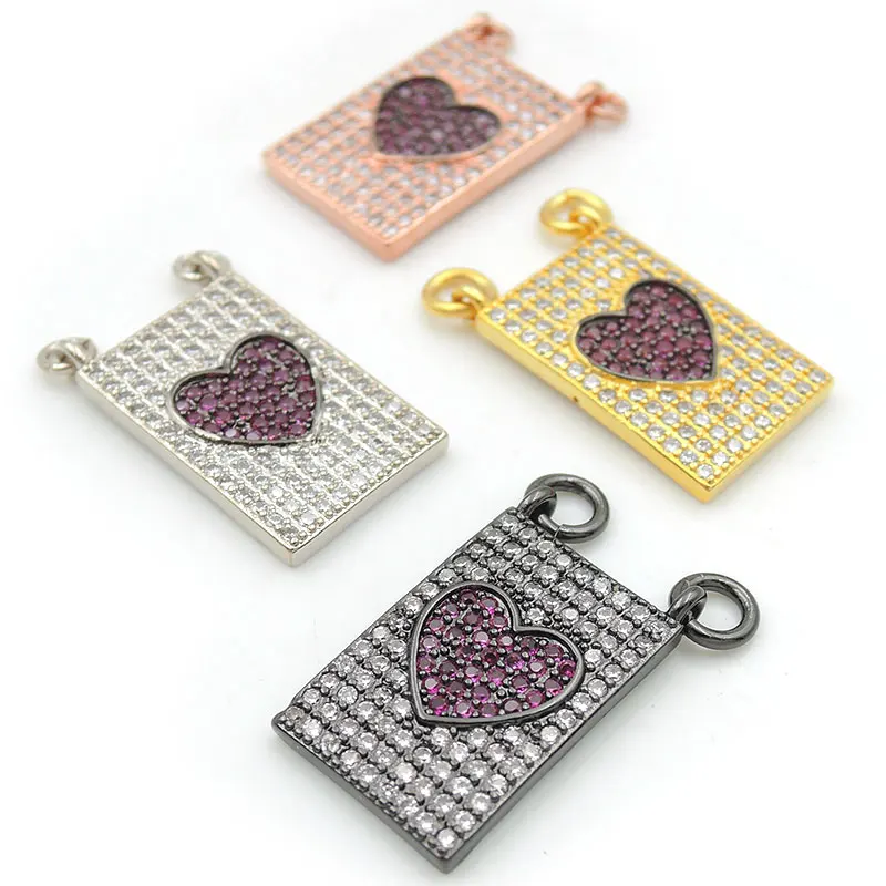 18*12*2mm Micro Pave Clear&Red CZ Rectangle Of Heart Relief Charm Of Double Circles Fit For Women As Necklaces Accessory