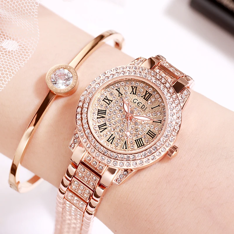 GEDI ساعة كوارتز فاخرة للنساء ساعة الموضة الماس سبيكة حزام مقاوم للماء السيدات ساعة اليد 2019 الإناث الساعات reloj mujer