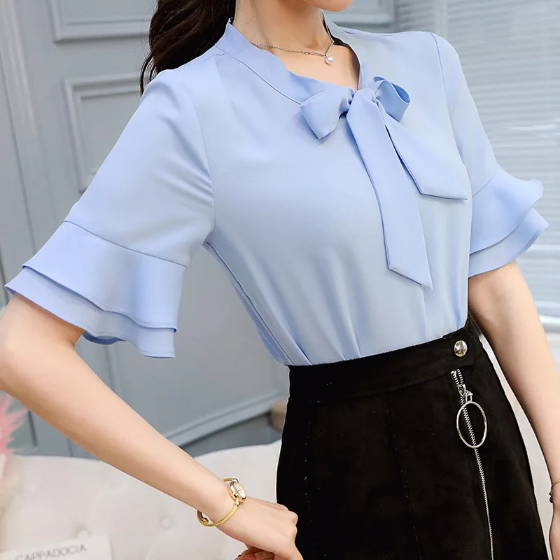 Neue Koreanische Chiffon-Blusen Büro Damen Frühling Sommer Reine Farbe Bowknot Casual Shirt Frauen Nehmen Kurzarm Freizeit Top H9106