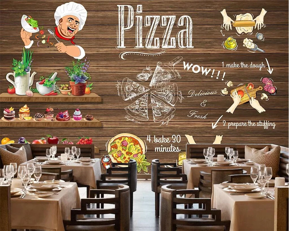 Custom wallpaper retro hand-painted pizza catering background wall wood grain graffiti western restaurant 3d wallpaper