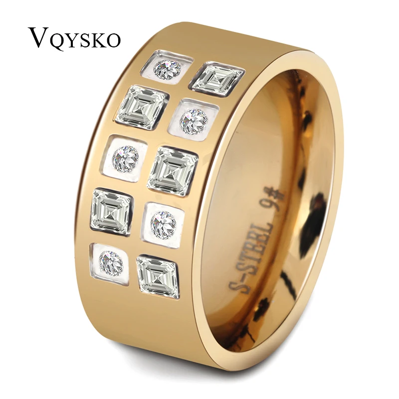 Yell Gold Color Ring Women Wedding Band 10mm Polished stainless steel Ring with Zircon Stones