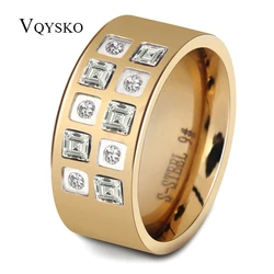 Yell Gold Color Ring Women Wedding Band 10mm Polished stainless steel Ring with Zircon Stones