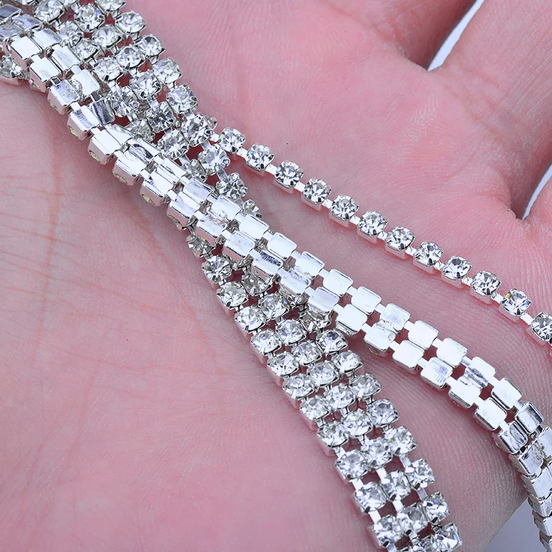 JUNAO 1 2 3 Rows 1Yard SS12 Clear Crystal Chain Rhinestones Trim Glass Stones Banding Jewelry Applique for Clothes Decor Crafts