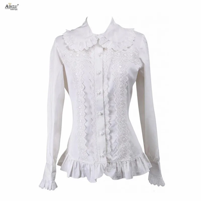 Spring/Autumn Ainclu Womens White Long sleeves Ruffles Turndown Collar Cotton Rendering and Outer Wear  Ladylike Lolita Blouse