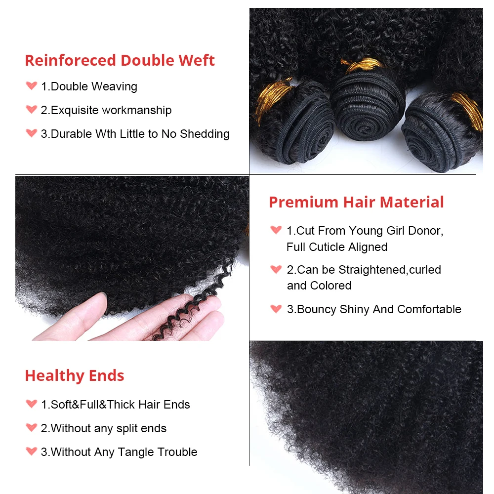 Mongolian Afro Kinky Curly Hair Weave With Closure Natural Black 4B 4C Virgin Human Hair Bundles Extension 3 Dolago Products