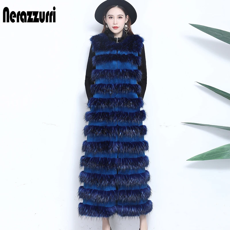 Nerazzurri Winter Long Shaggy Warm Thick Patchwork Faux Fur Vest Women Elegant Striped Furry Waistcoat Sleeveless Jacket 2021