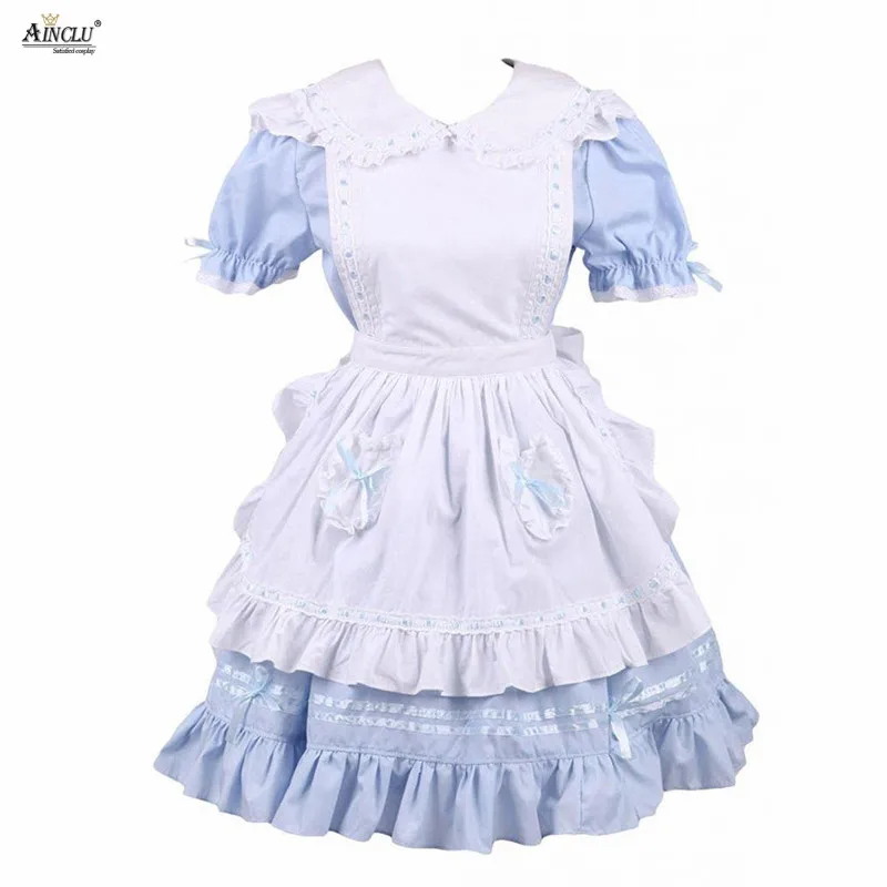 Middle-Long Dress Ainclu Womens Cotton Light Blue Ruffles With Bow Short Sleeves Sweet School A-line Lolita Dress Free shipping